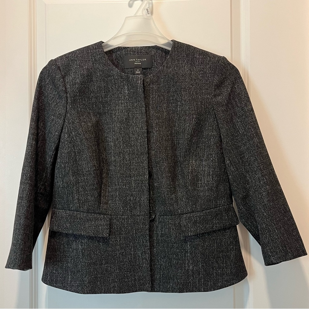 Ann Taylor Button Down Long Sleeve Black White Tweed‎ Blazer Jacket size 10P